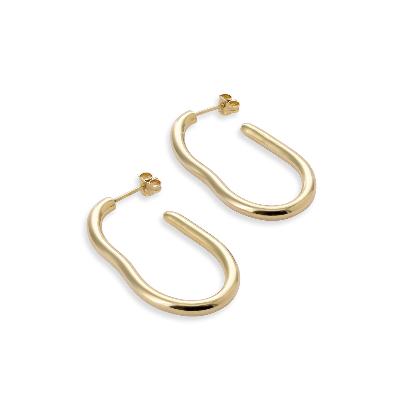 Large gold organic shape hoop earrings on a white background.