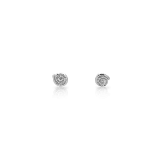 Small silver labyrinth stud earrings on a white background.