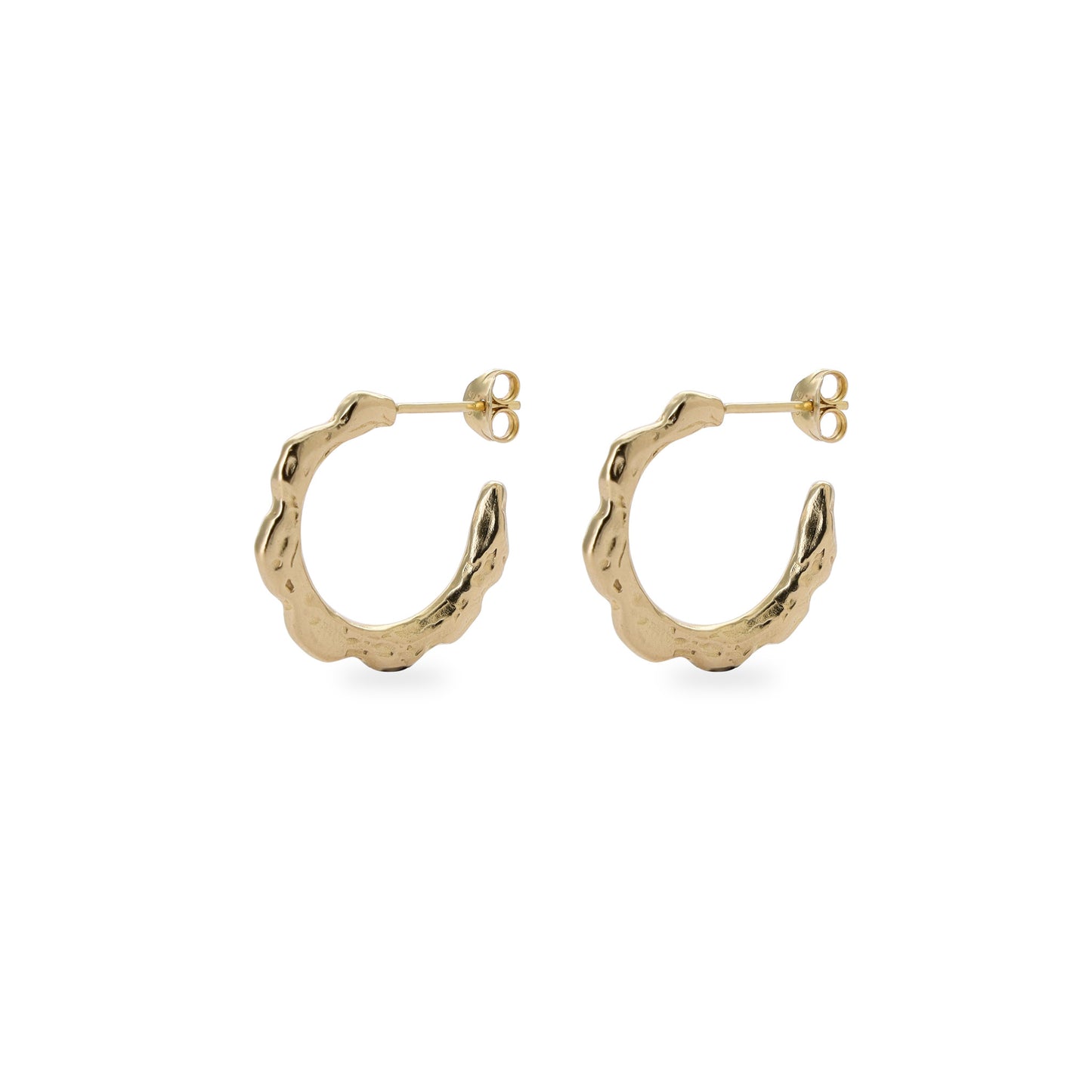 Gold hoop earrings with organic texture, on a white background.